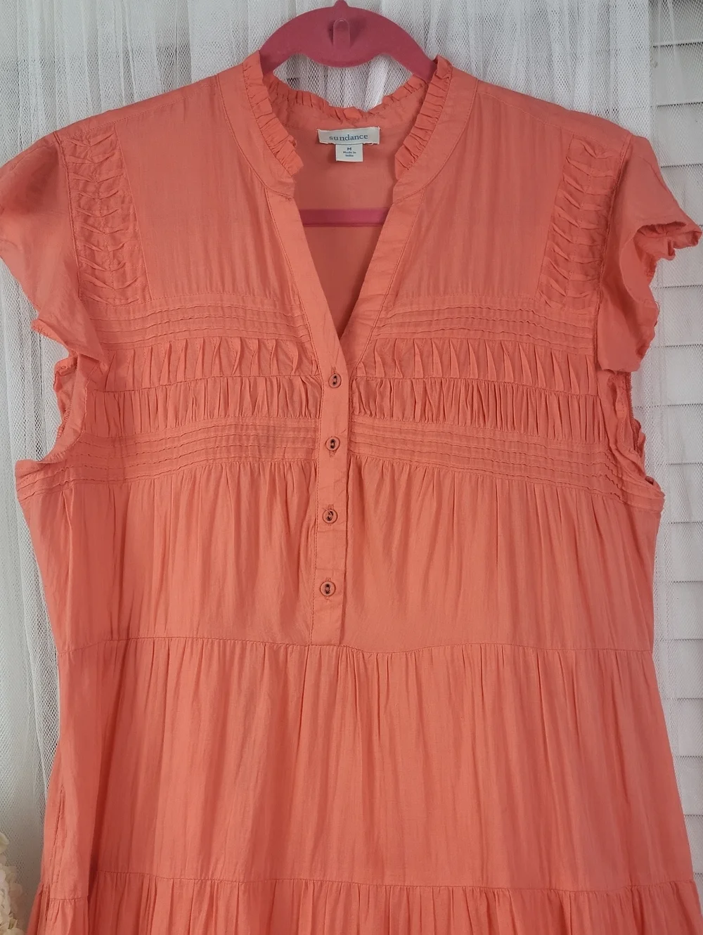 Sundance Coral Ruffled V-Neck Dress. Size M